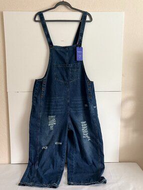 Chou Yatou Women Bib Overalls Baggy Wide Leg distressed Denim XL